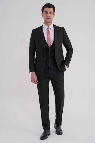 Efor Slim Fit Mono Yaka Çift Yırtmaç Armürlü Esnek Yünlü Siyah Yelekli Klasik Takım Elbise Tk 933 Siyah