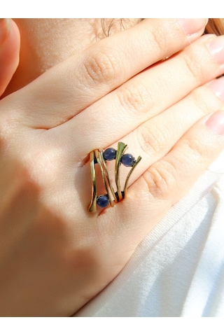 Doğal Taş 3'lü Apatit Doğal Taşlı Ayarlanabilir Kadın Yüzük Euy66ap Mavi