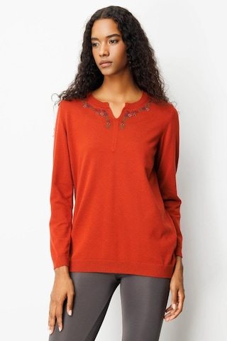 Desen Triko Sıfır Yaka Yakası Çiçek Nakış İşlemeli Kadın Bluz 25094 Kiremit