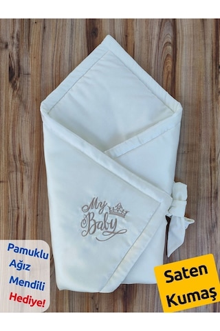 Ekru Bebek Battaniyesi Saten Kumaş Nakış Detaylı Bebek Kundak Mevsimilk Hediyelik Bebek Örtü Ekru