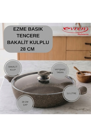 20 Cm Gold Stone Ezme Seri Granit Basık Tencere, Non-stick Pilav Karnıyarık Tencere 1,7 Lt Bakalit Kulplu 28 Cm