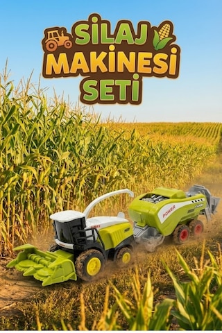 Die-cast Metal Silaj Makinesi Ve Römork Seti - Sürtmeli Çiftlik Oyuncak Traktör Biçerdöver