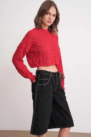 Mixray 6863 Kadın Saç Örgülü Crop Triko Kazak Kırmızı