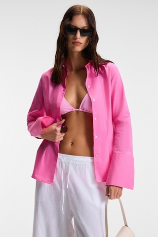 PAPILUS Kadın Regular %100 Organik Pamuk İnce Uzun Gömlek Yaka Uzun Kollu Pembe Gömlek