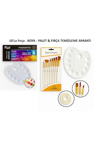 10 Lu Uzun Sap Fırça & 6 Lı Akrilik Boya & Palet & Fırça Temizeyi