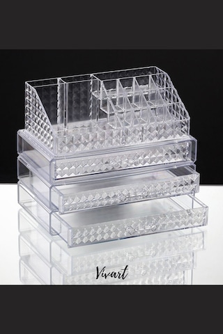 Vivart Diomand 3 Çekmeceli 1 Makyaj Kalemlik Makyaj Takı Seti Makyaj Kozmetik Düzenleyici Organizer Şeffaf Beyaz