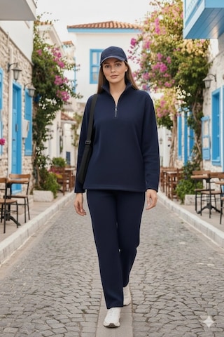 Defymoda Kadın Balıkçı Yaka Fermuar Detay Polar Sweat Ve Pantolon Ikili Takım Lacivert