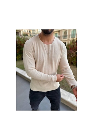 Elku Moda Kazak Oversize Örme Natural Pamuk Tüylenmeyen Kazak Salaş Tarz Triko Sweatshirt Dökümlü Model Açık Bej