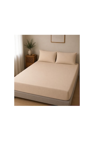 Çift Kişilik Lastikli Çarşaf Takımı 2 Adet Yastık Kılıflı 50x70 180x200+30 %100 Pamuk Bej