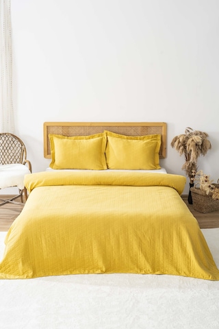 Orella Sarı Çift Kişilik Jakarlı Yatak Örtüsü Takımı 3 Parça Uyku Seti Sarı