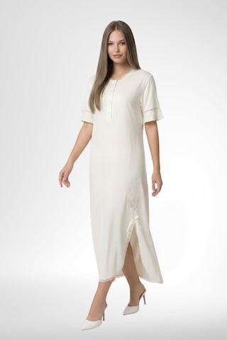 Mecit Pijama Mecit 6379 Ekru Kadın Kısa Kollu Yırtmaçlı Uzun Gecelik