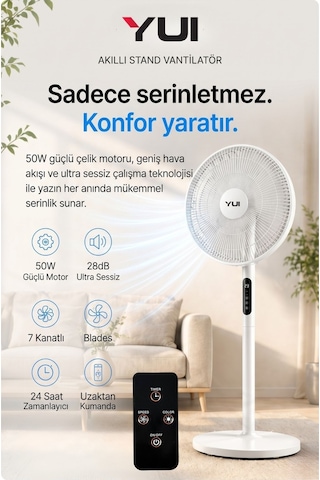 Yui F60 Beyaz 16 İnç 50W 8 Kademe 5 Pervane Döner Başlıklı Uzaktan Kumandalı Vantilatör