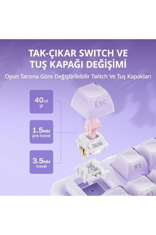 Gravastar Mercury K1 Rgb Kablosuz Mekanik Gaming Klavye, İngilizce Q, Lavender Purple