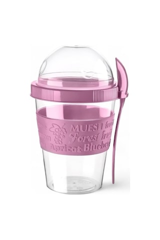 Titiz 600 Ml Kaşıklı Yoğurt & Müsli Kabı - Taşınabilir Kase - Pembe Çok Renkli