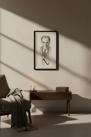 Atatürk Karakalem Portre Tablo 60x25 Cm Çerçeveli Siyah Çerçeve Modern & Klasik Duvar Dekoru