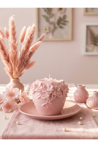 Pembe Renk Dekoratif Kabartmalı Çiçekli Soya Mum
