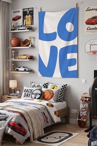 Love Mavi Tipografi Yazı Temalı Modern Dekoratif Duvar Örtüsü Duvar Halısı Beyaz