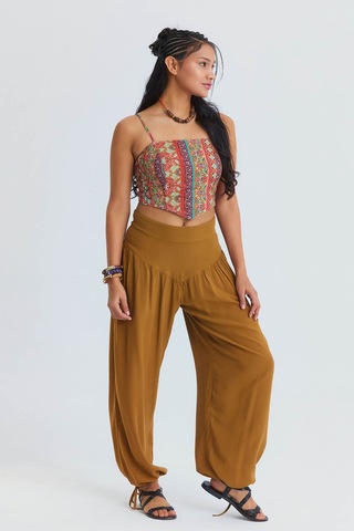 Rahat Kesim Paçası Büzgülü Kadın Yüksek Bel Pantolon Camel