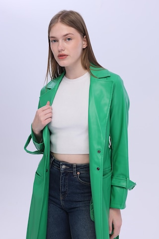Selectmoda Kadın Kemerli Uzun Kaban Yeşil