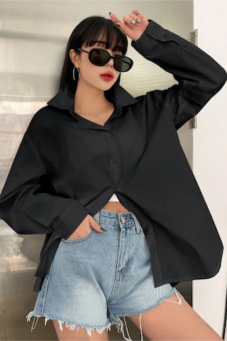 Tarz Cool Oversize Basic Uzun Kollu Gömlek Siyah