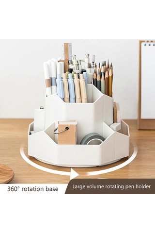 Ganzhoushop Ofis Okul İçin Kalemlik Dönen Masa Düzenleyici 360 Dönen Kalemlik Büyük Kapasiteli Kırtasiye Saklama Kutusu Beyazaçık Gri