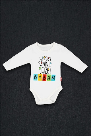 Adisia Unisex Bebek Beyaz Her Şey Seninle Güzel Babam Baskılı Alttan Çıtçıtlı Zıbın Beyaz