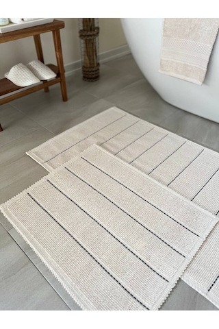 Bluenity Basic Stripe Doğal Pamuklu 2'li Banyo Kilim Seti 60x100+50x60 Cm Ekru / Lacivert Çizgili Ekru