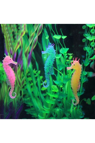 Vkemall Akvaryum Silikon Süslü Deniz Atı: Canlandıran Işıklı Dekoratif 3'lü Set Pembe, Turuncu, Yeşil