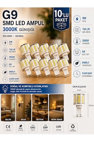 10 Adet 9w 750 Lm 3000k Günışığı G9 Smd Led Ampul