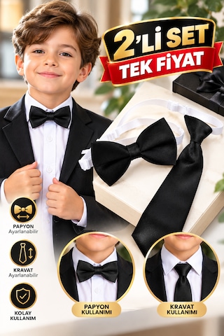 Cappadocians Erkek & Kız Çocuk 1-7 Yaş Lastikli Kravat & Lastikli Papyon - Siyah Renk 2'li Set - Unisex Kravat & Papyon