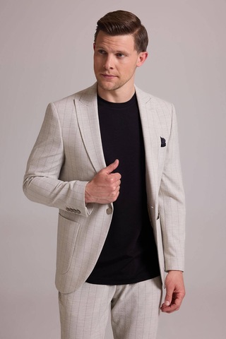 Erkek Bej Slim Fit Çizgili Tek Düğmeli Jogger Pantolonlu Takım El