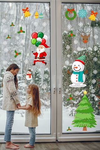 Yılbaşı Sticker Noel Baba Pencere Süsleri Ve Kar Taneleri Temalı Pencere Sticker