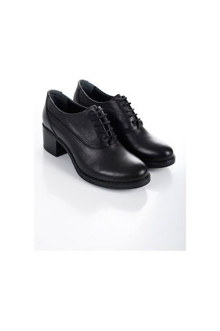 Hakiki Deri Kalın Topuklu Bağcıklı Siyah Oxford Kadın Ayakkabı Siyah