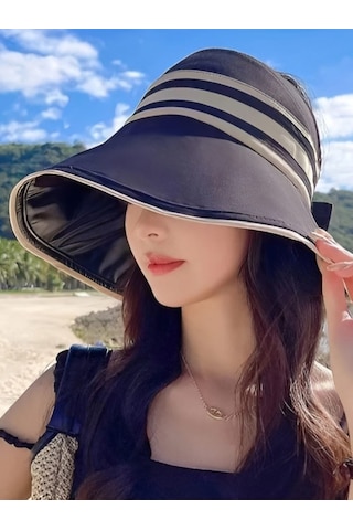 Tezzgelsin Kadın Geniş Siperli Çizgili Şapka Siyah