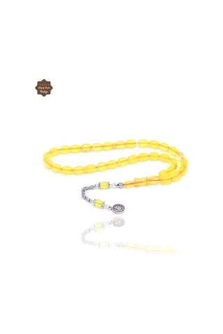Limon Sarısı Arpa Kesim Gümüş Tuğra Püsküllü Sıkma Kehribar Tesbih 201025210 Renkli