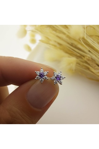 925 Ayar Gümüş Mor Taşlı Minimal Lotus Küpe Gümüş