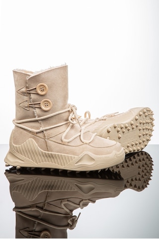 Kadın Günlük Nubuk Deri Kar Bot Bootie Postal İçi Kürklü Düğmeli Ve Bağcıklı Kaymaz Taban 501 Bej