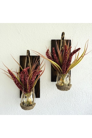 Duvar Dekoru, Led Işıklı, Kırmızı Çubuk Cipso Çiçekli, Ceviz Aplik İkili Set