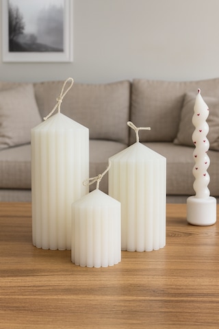 3 Lü Oluklu Silindir Dekoratif Mum Seti Büyük-orta-küçük Büyük Boy:15 - Orta Boy:12 - Küçük Boy:8cm Beyaz