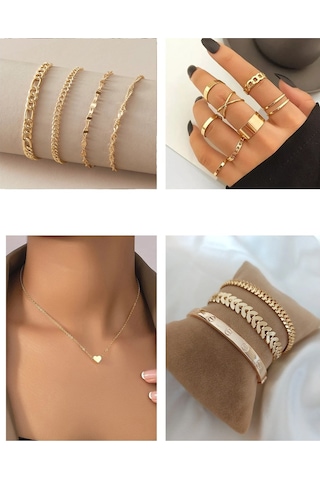 X-lady Accessories Altın Renk Kombin Sarmal Bileklik 10 Lu Yüzük Kalp Sf Kolye Kart