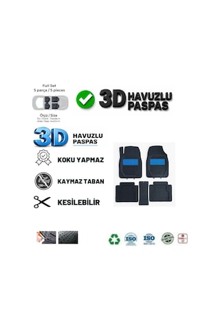 Dacia Sandero 2010 Uyumlu 3 Cm Havuzlu 5 Parça Set 3d Paspas Takımı Siyah - Mavi