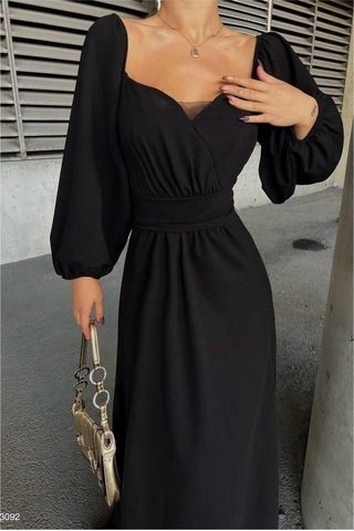 Lior Design Kadın Bohem Saten Kumaş Kare Yaka Maxi Abiye Elbise Siyah