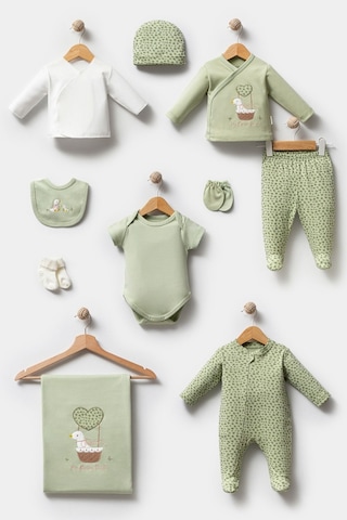 Bebitof Sevimli Sepetteki Ördek Desenli 10 Parça Kutulu Yenidoğan Hastane Çıkışı Zıbın Seti Yeşil