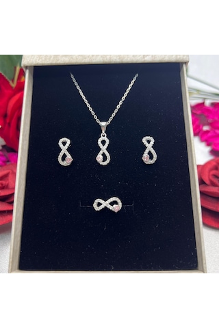Pembe Kalp Sonsuzluk Kadın 3'lü Set 925 Ayar Gümüş Zirkon Rodyumlu Taşlı Gümüş