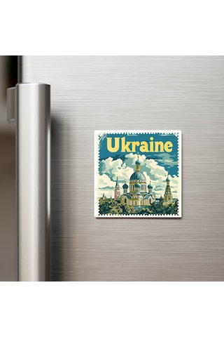 Ukrayna Ukraine - Posta Pulu Temalı Ülke - Baskılı Buzdolap Magneti Kare - 9x9 Cm