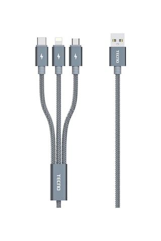 Tecno TCN31 3in1 Lightning Type-C Micro Çıkışlı Örgülü Şarj Kablo