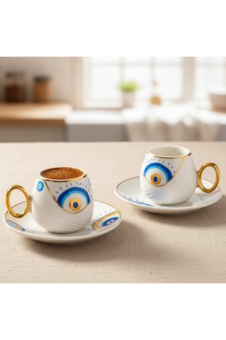 Evil Eye Nazar Boncuğu Desenli 6 Kişilik Porselen Kahve Fincan Takımı Beyaz