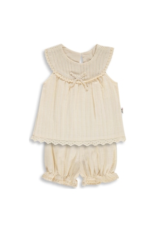 Civil Baby Yaka Dantelli Çizgili Kumaş 6-18 Ay Takım - Bej Krem