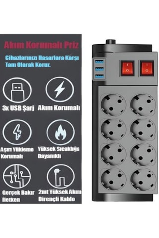 8li-blic Ftr-08 Termal Akım Korumalı Priz 2mt.16a 4000w Usb