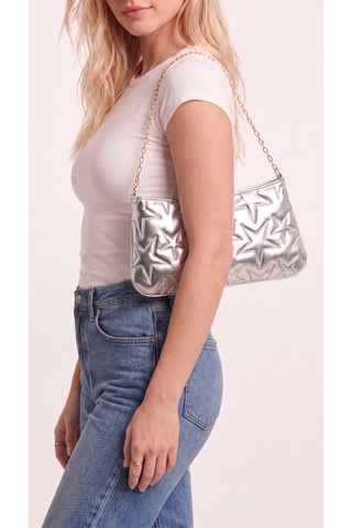 Esvelans Yıldız Desenli Zincir Askılı Portföy El Kol Ve Omuz Çantası Astarlı Clutch Çanta Gümüş